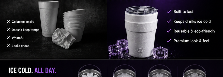 Double Cup comparison between disposable foam cups and the premium tumbler
