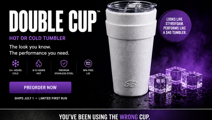Double Cup launch hero with insulated tumbler, purple vapor background, and product performance claims